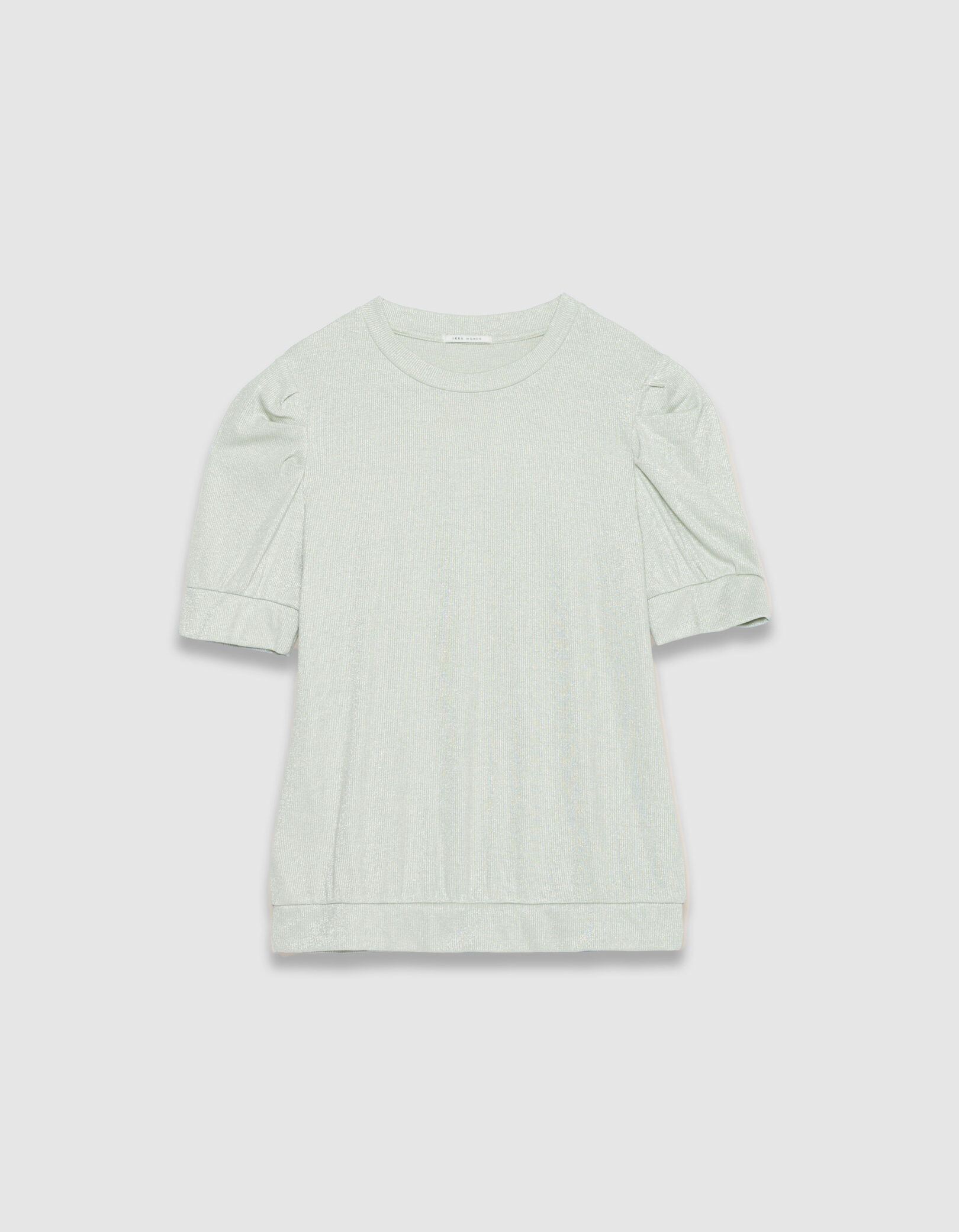 Tee-shirt col rond vert pailleté manches froncées Femme