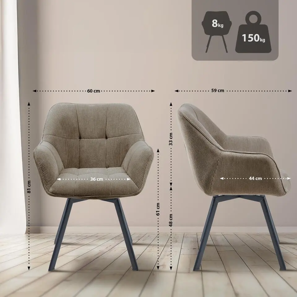 CLP Set van 2 Eetkamerstoel Jordi zwart Frame - Ribstof - bruin