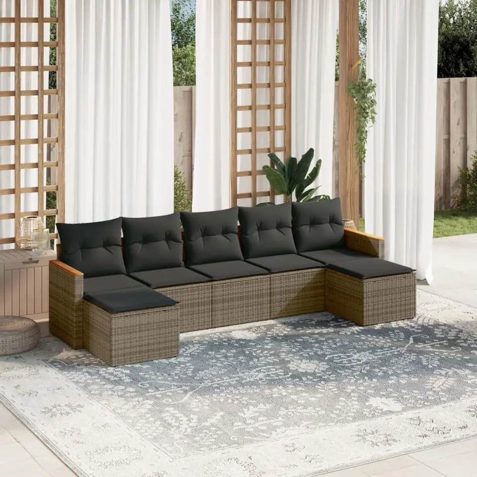 vidaXL 7-delige Loungeset voor 7 met kussens & krukken - Gris - Poly rattan