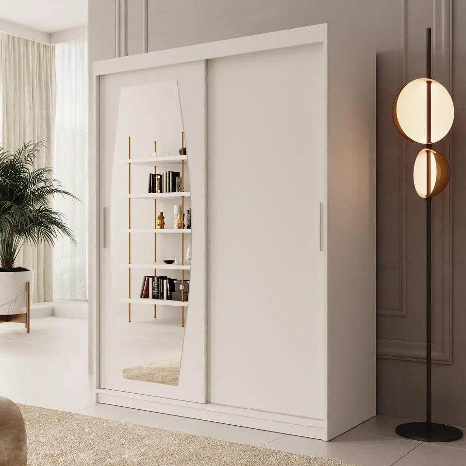 Meubella - Kledingkast Azai - Wit - 150 cm - Met spiegel