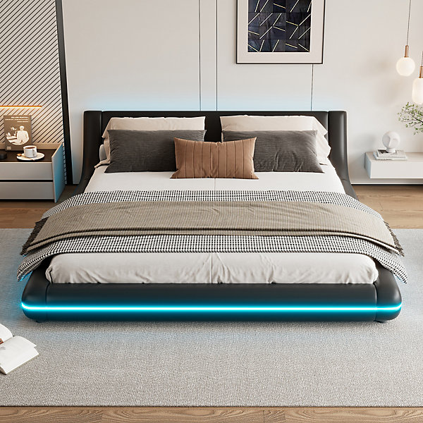 Lit 160x200 cm en PU noir avec éclairage LED d'ambiance (télécommande 24 touches), design bas contemporain
