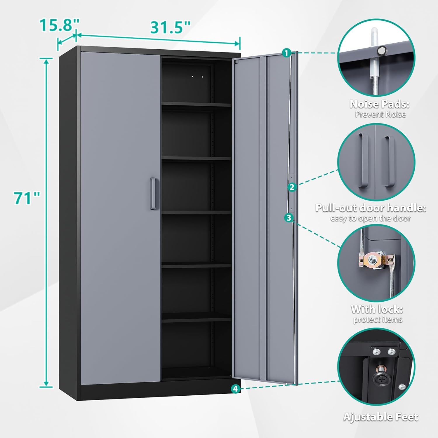 SISESOL Storage Cabinet with Doors and Shelves,71 Metal Storage Cabinet with Lock,5 Adjustable Shelf, Steel Lockers for Home Office,School,Shop,Garage Tool Utility Cabinets