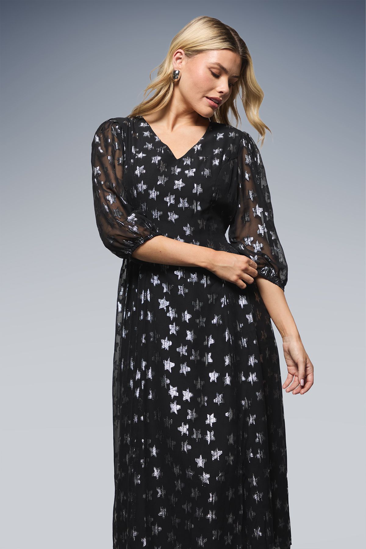 Dorothy Perkins DP Luxe Star Jacquard V Neck Blouson Sleeve Midi Dress