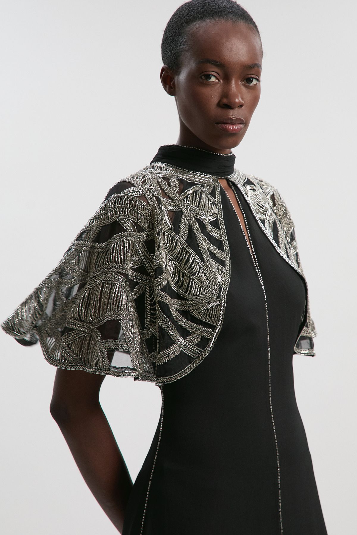 KarenMillen Crystal Embellished Cutwork Cape Detail Woven Maxi Dress