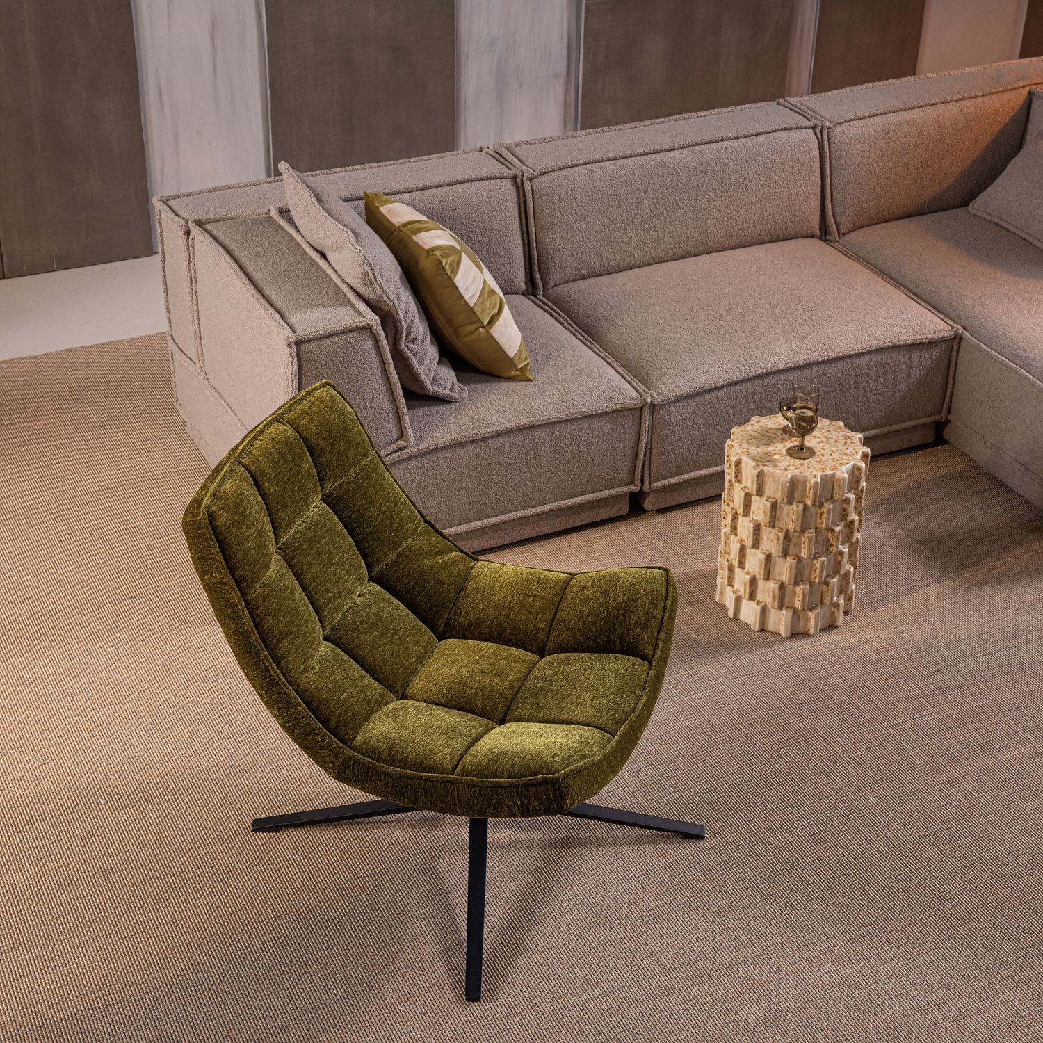WOOOD Maudi Draaifauteuil - Chenille - Groen - 84x74x86