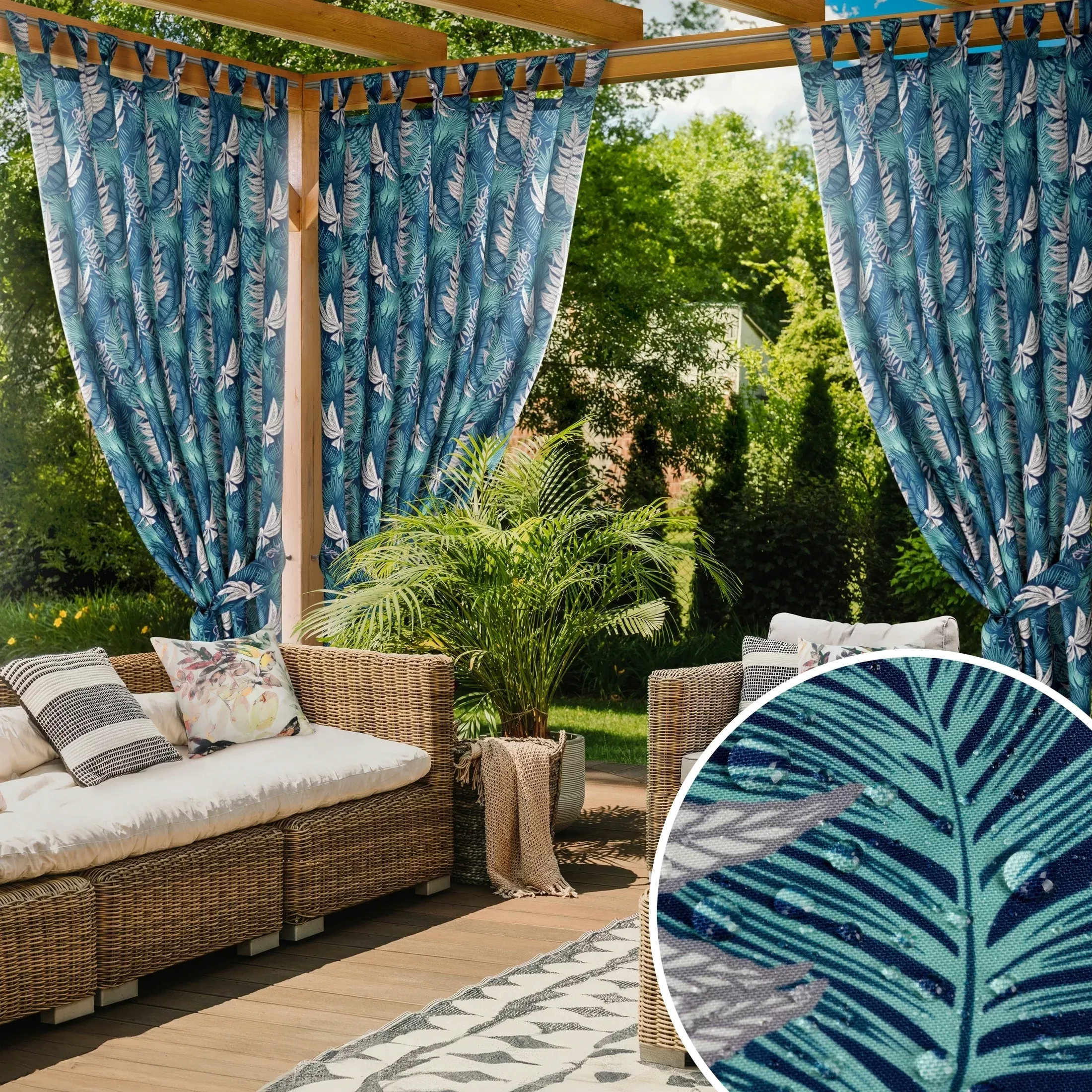 Zasłona turkusowo, miętowa z wodoodpornej tkaniny idealna do ogrodu i na taras 155x240 cm szelki/rzep - GARDEN
