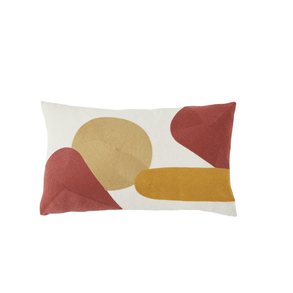 ASILAH - Coussin en rayonne et lin brodés écrus, jaunes, terracotta 30x50