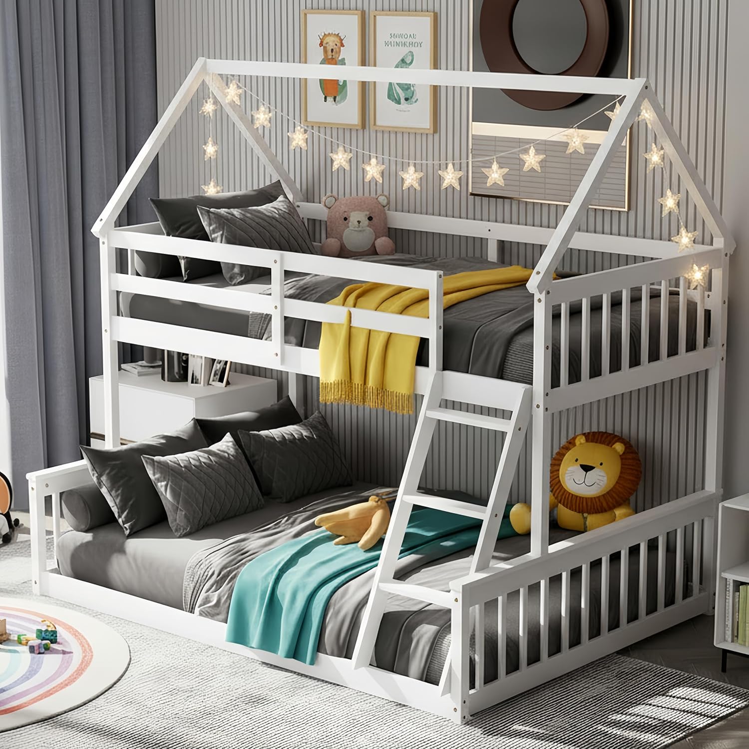 KOMFOTT Wood Twin Over Full House Bunk Bed with Built in Ladder, Solid Pine Wood Bunk Bed Frame with Safety Guardrails, House Bunk Bed Frame for Kids, Teens, Juniors, No Box Spring Needed (White)