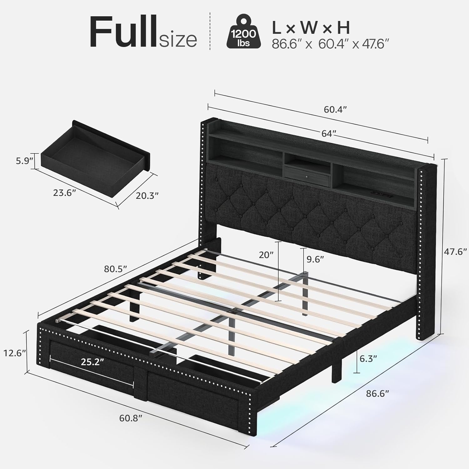Linen Full Size Bed Frame with 2-Tier Storage Headboard and Charging Station, Upholstered Platform Bed Frames with 2 Storage Drawers, Wooden Slats Support, No Box Spring Needed, Black
