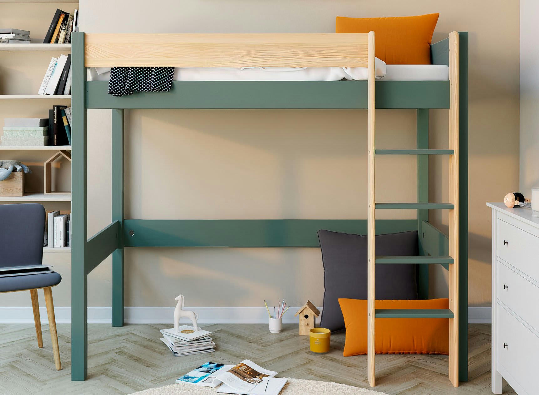 HOYA - Lit mezzanine 90x190 en Pin massif Kaki et Bois