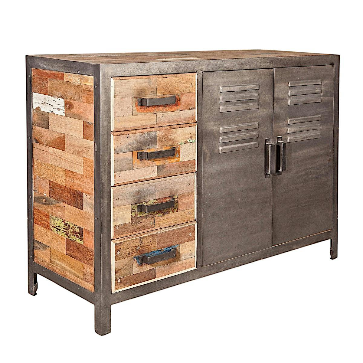 Buffet bois recyclé 4 tiroirs bois recyclé 2 portes métalliques 120x45x90cm CARAVELLE