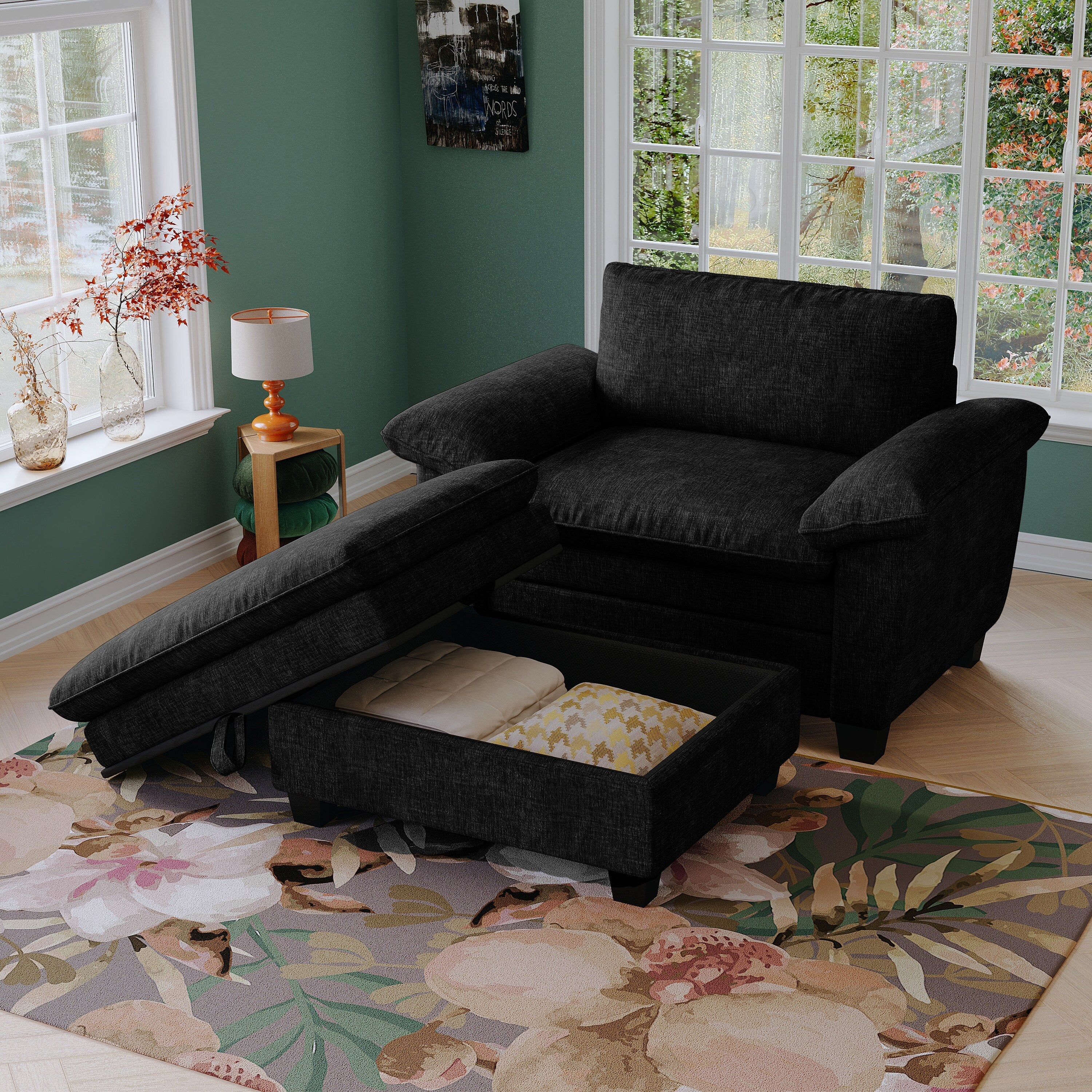 51 Oversize Chaise Lounge Chair with Ottoman and Storage Upholstered Soft Chenille Black