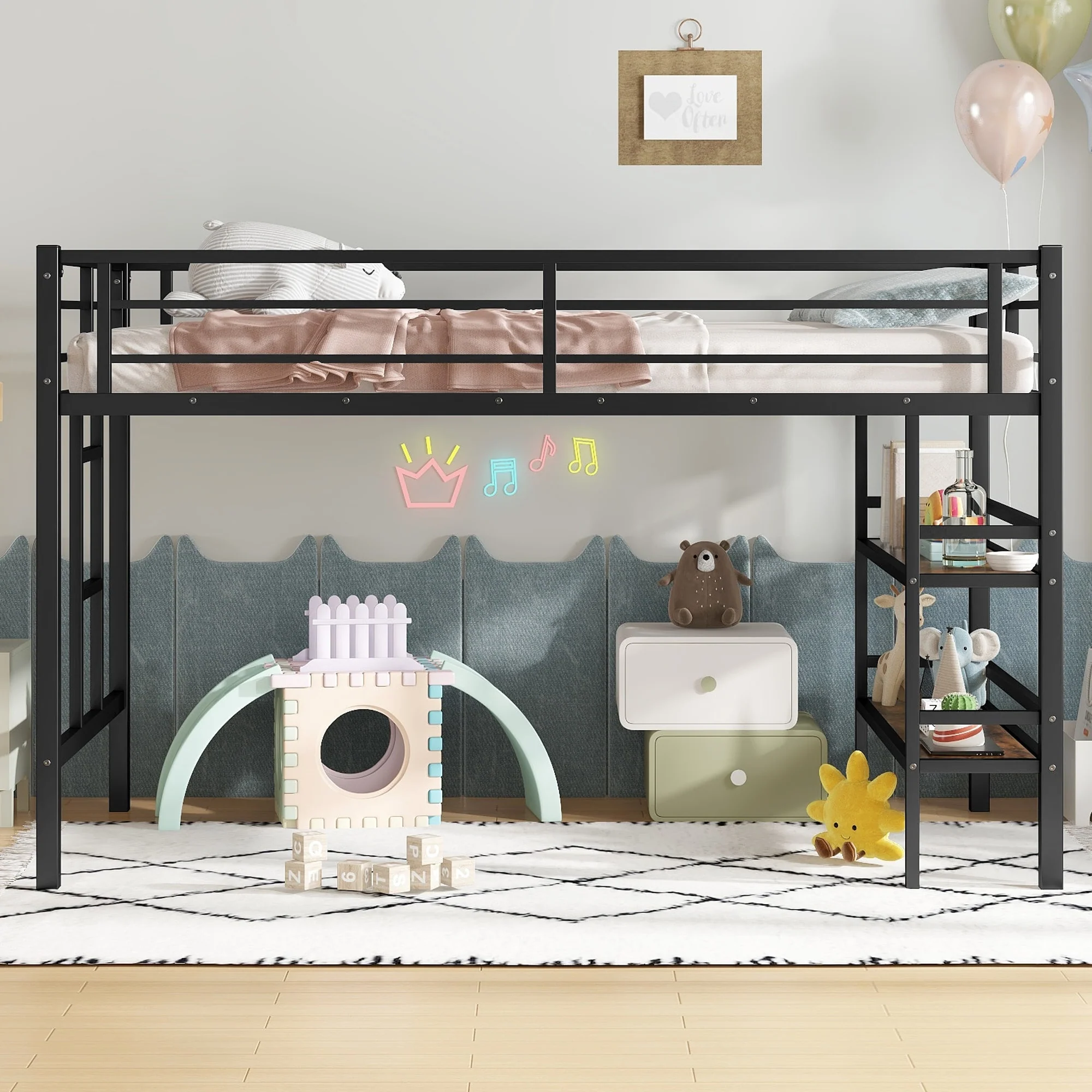Twin Size Metal Loft Bed with Storage Shelf, Loft Bed with Easy Climbing Ladder and Guardrails for Kids, Black