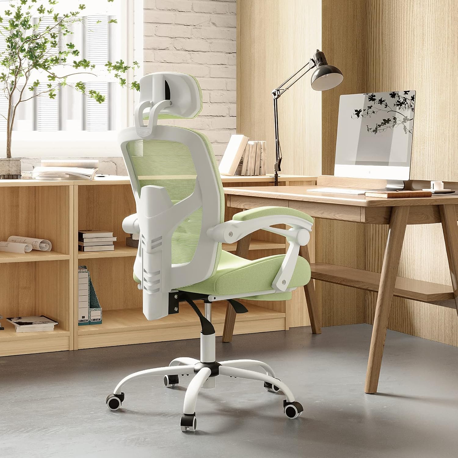 DUMOS Office Desk Computer Chair with Footrest, Ergonomic Mesh Swivel Gaming Chair with Rolling Wheels, Comfortable Headrest, Lumbar Support, Comfy for Home, Office, Task, Student, Elegant Green