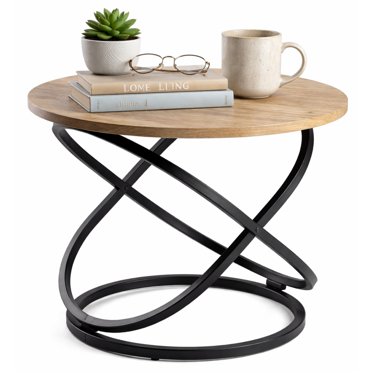 Stolik kawowy Selvia LOFT okrągły 60 cm, blat MDF w kolorze drewna, metal