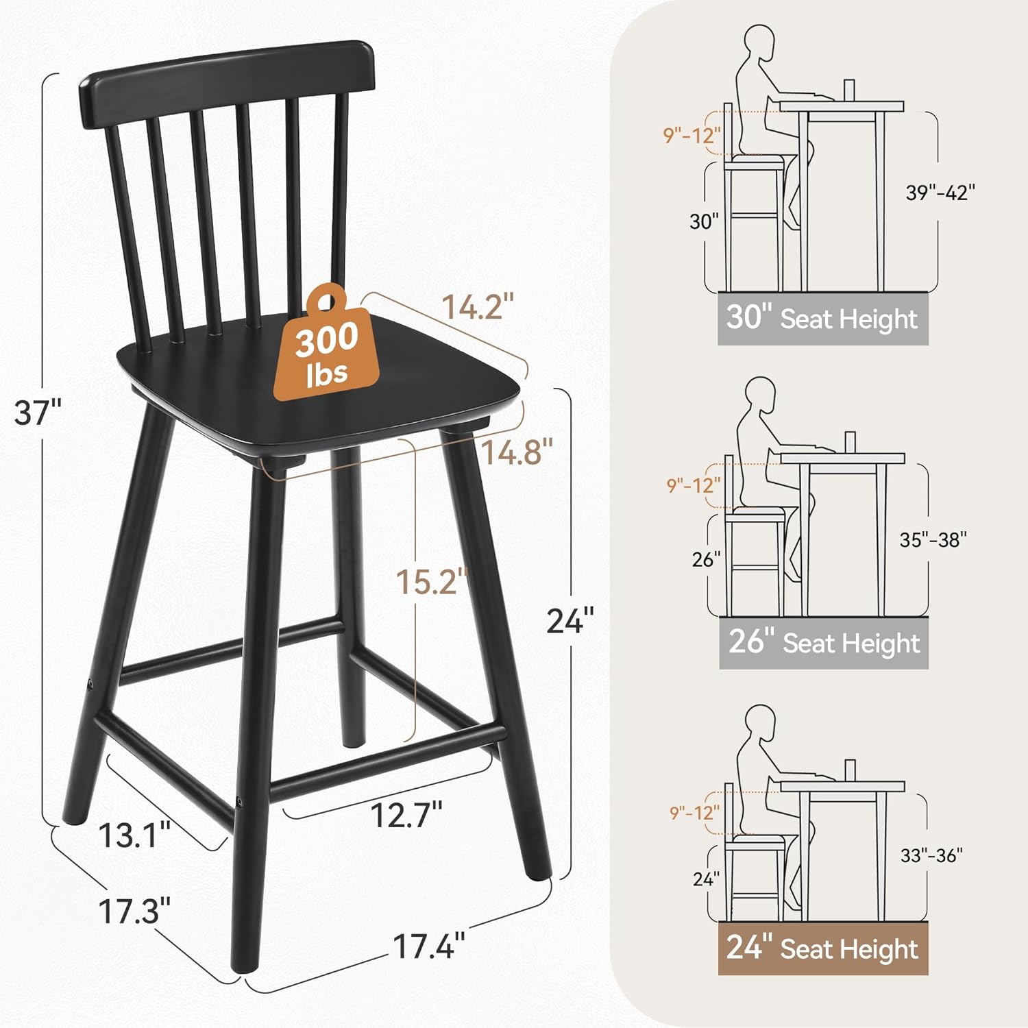LUE BONA Windsor Wooden Bar Stools Set of 3 for Kitchen Island, Farmhouse 24 Inch Counter Height Stools Chairs with Spindle Back, Black