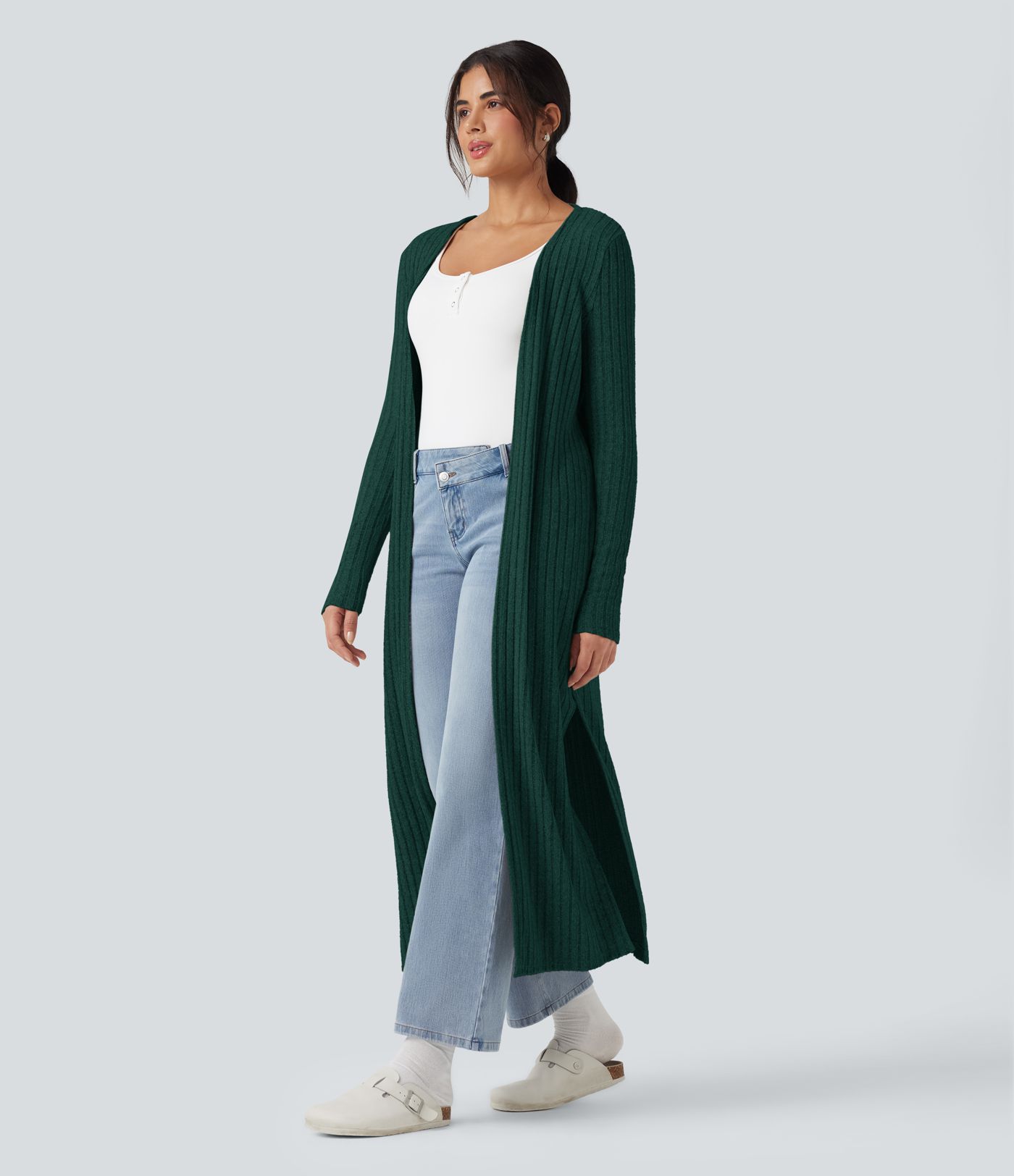 Cardigan long décontracté maille côtelée manches longues avec fente