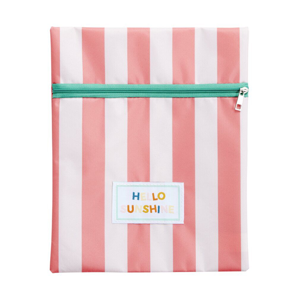 Pochette de plage PVC bayadère Hello Sunshine rose et beige 21,5x27cm (2 modèles)