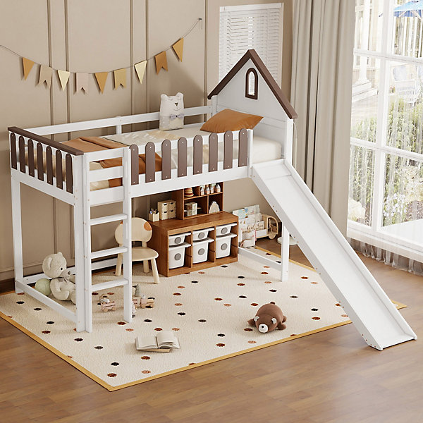 Lit mezzanine cabane enfant 90x200 cm avec toit, fenêtres, échelle droite et toboggan - pin   MDF blanc et noyer