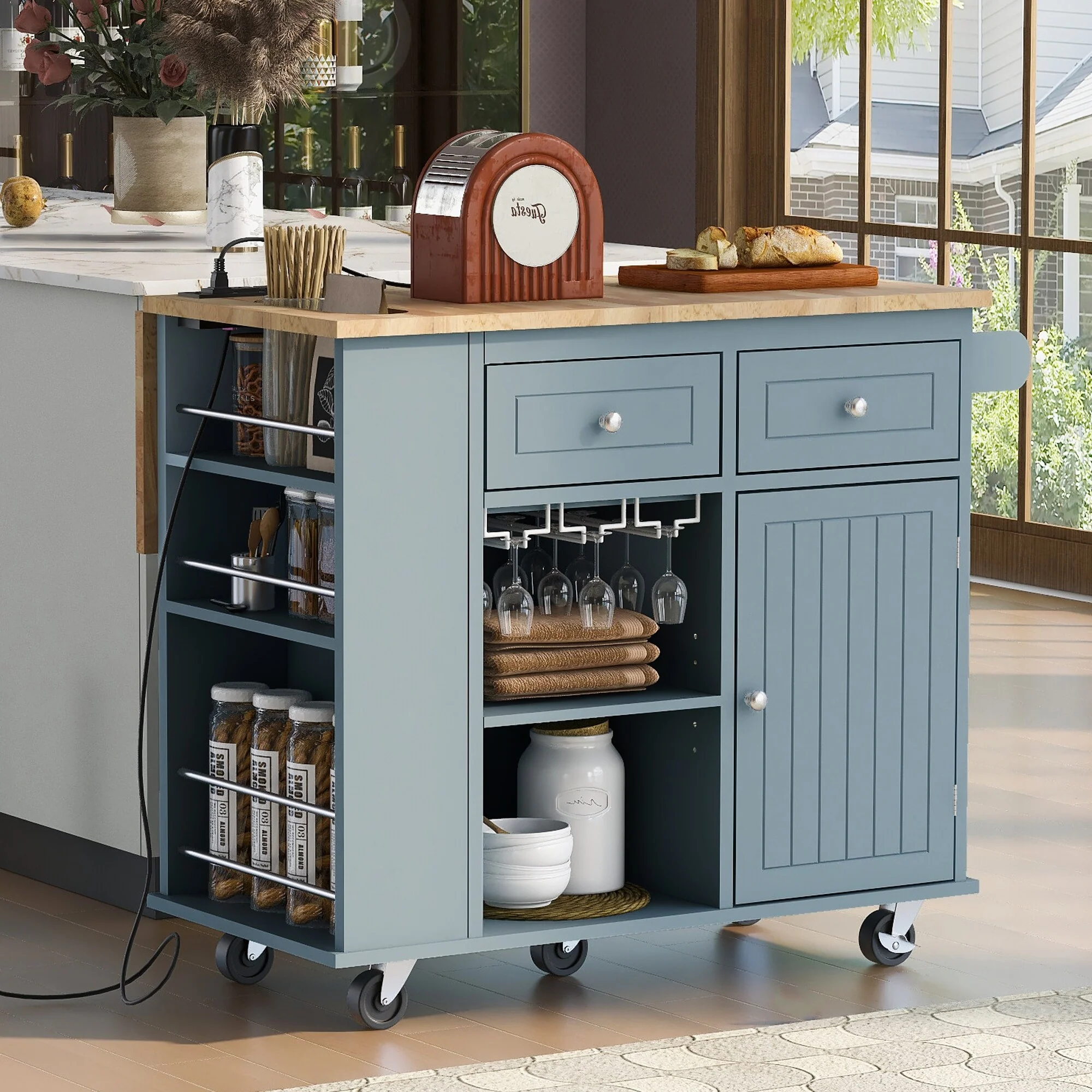 Roomfitters Kitchen Island with Power Outlet, Kitchen Storage Island with Drop Leaf and Rubber Wood, 5 Wheels
