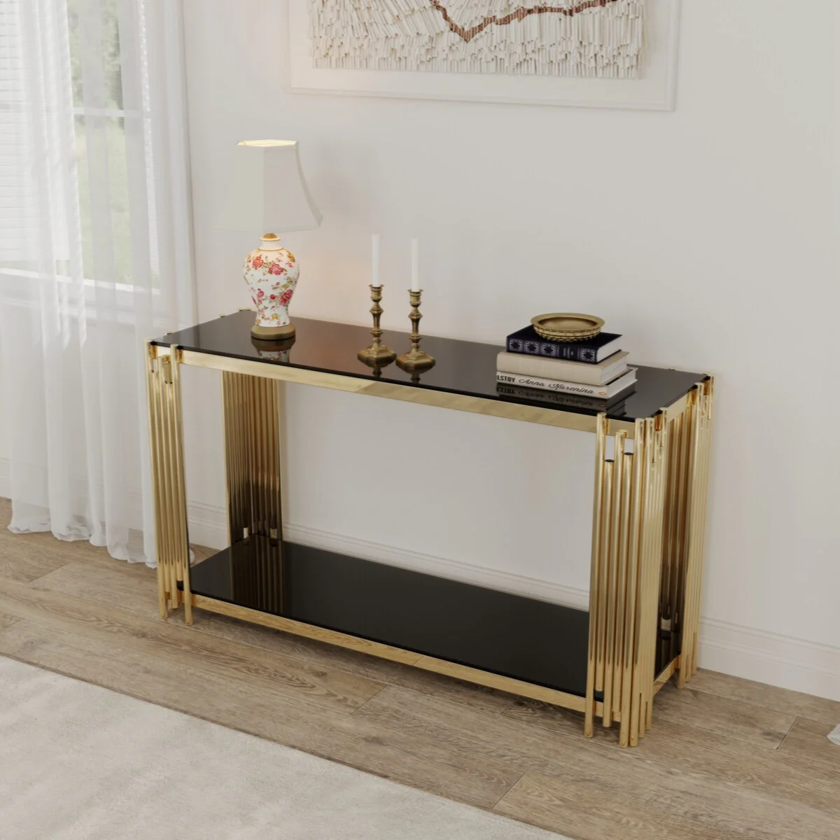 Modern Glass Console Table, 55 Gold Sofa Table with Sturdy Metal Frame and Black Tempered Glass Top