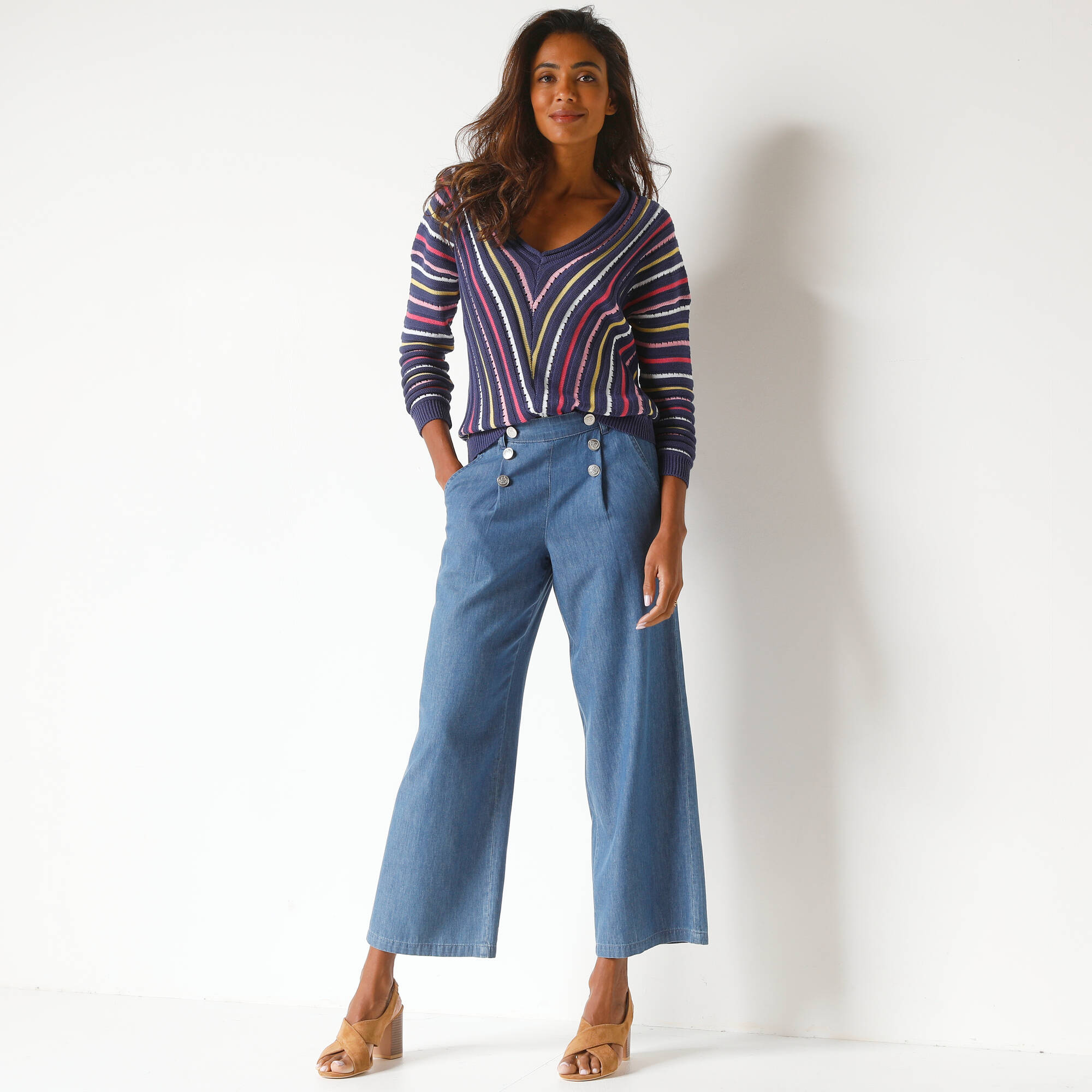 Pull V maille fantaisie, rayures graphiques