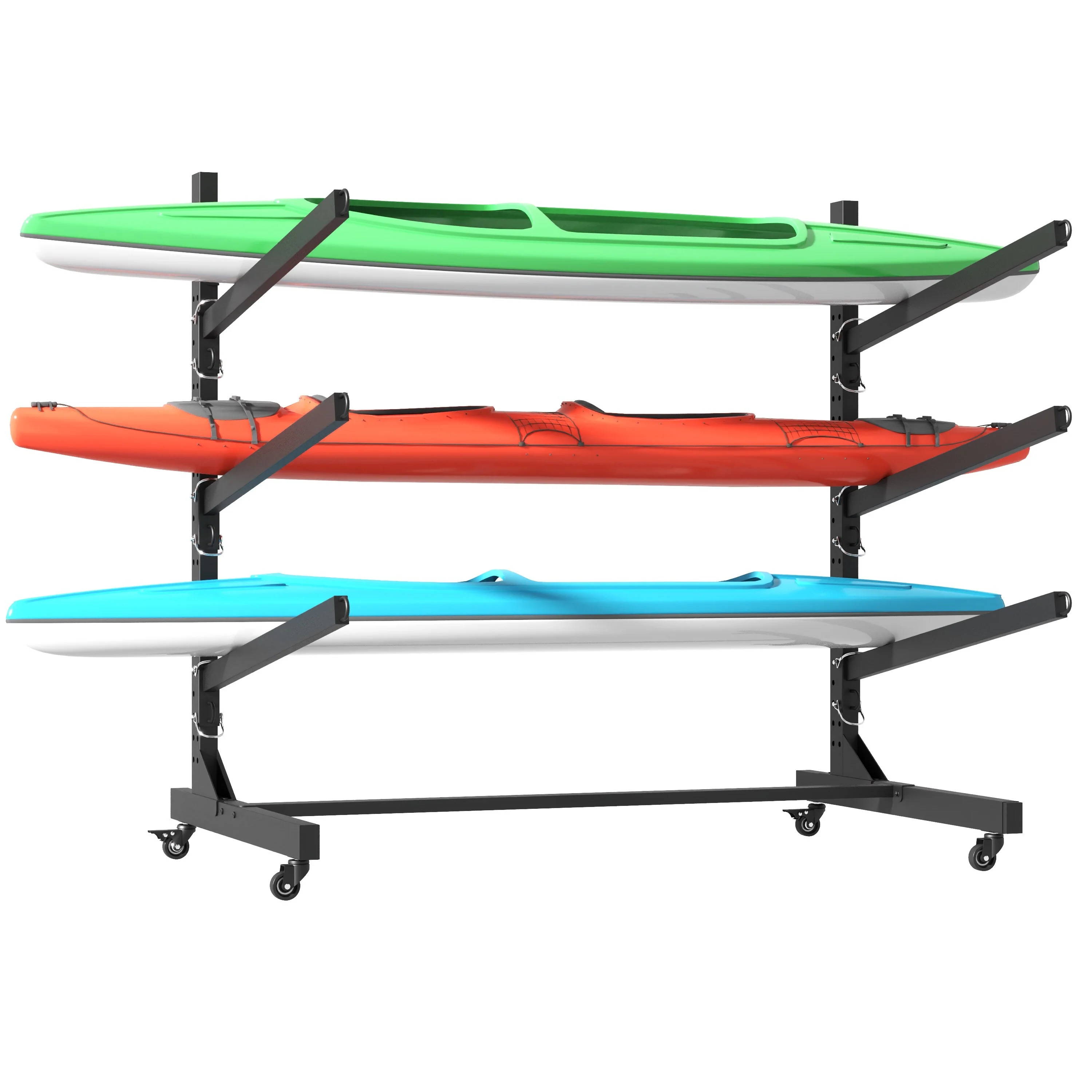 41H Freestanding Kayak Storage Rack - Holds 3 Kayaks, Heavy-Duty Adjustable Stand with Lockable Wheels for Kayak, Canoe