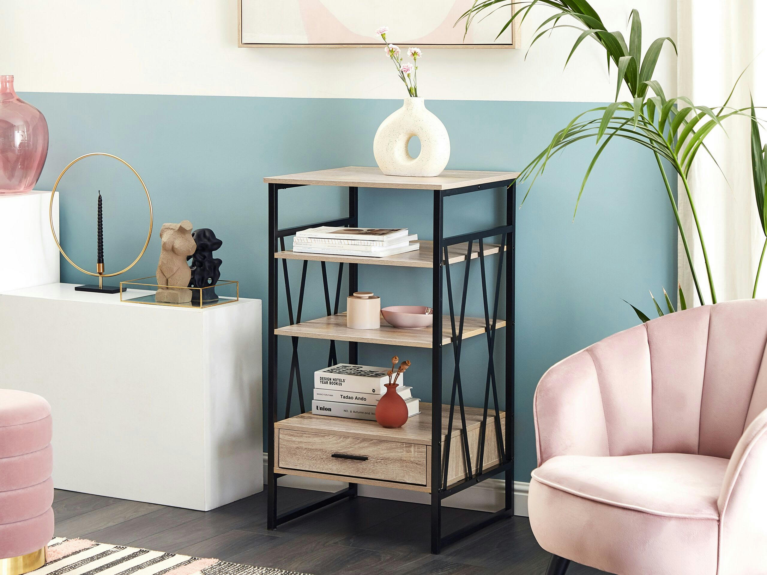 KEENE - Étagère à 3 niveaux imitation bois clair avec tiroir