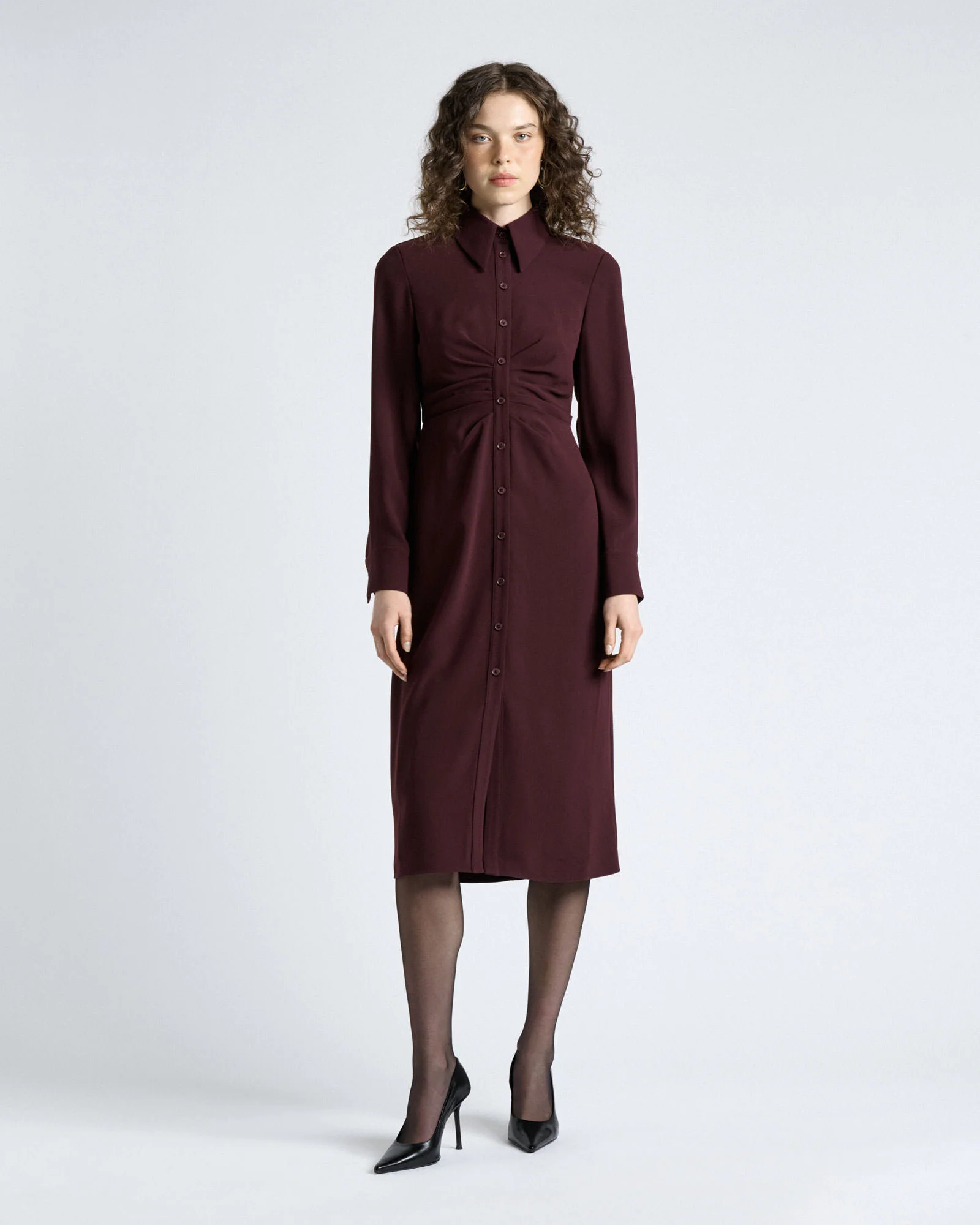 Dark Plum Crepe Ruched Shirt Dress