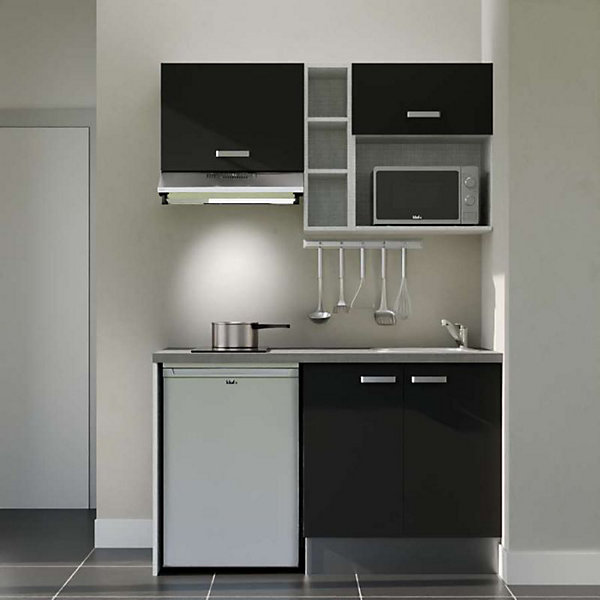 Kitchenette K13 façades Noir - Plan de travail Gris béton - Crédences : Non - Evier inox - Electroménager Inox inclus