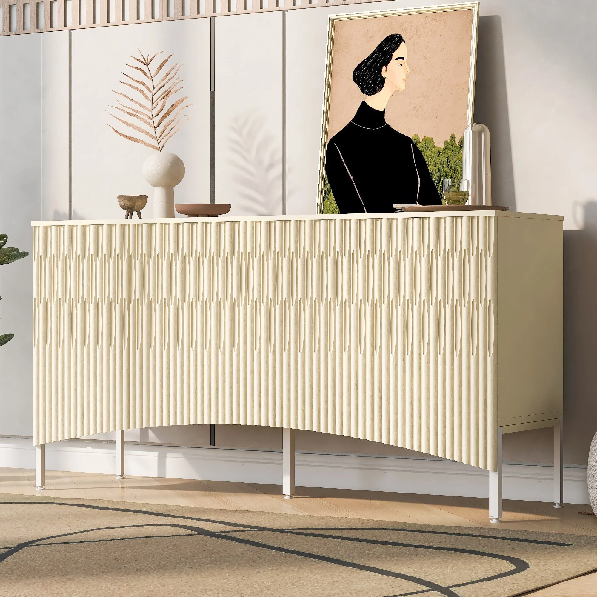Modern Cupboard Sideboard with 4 Arched Groove Door, Storage Cabinet with Metal Legs and Adjustable Shelves for Living Room