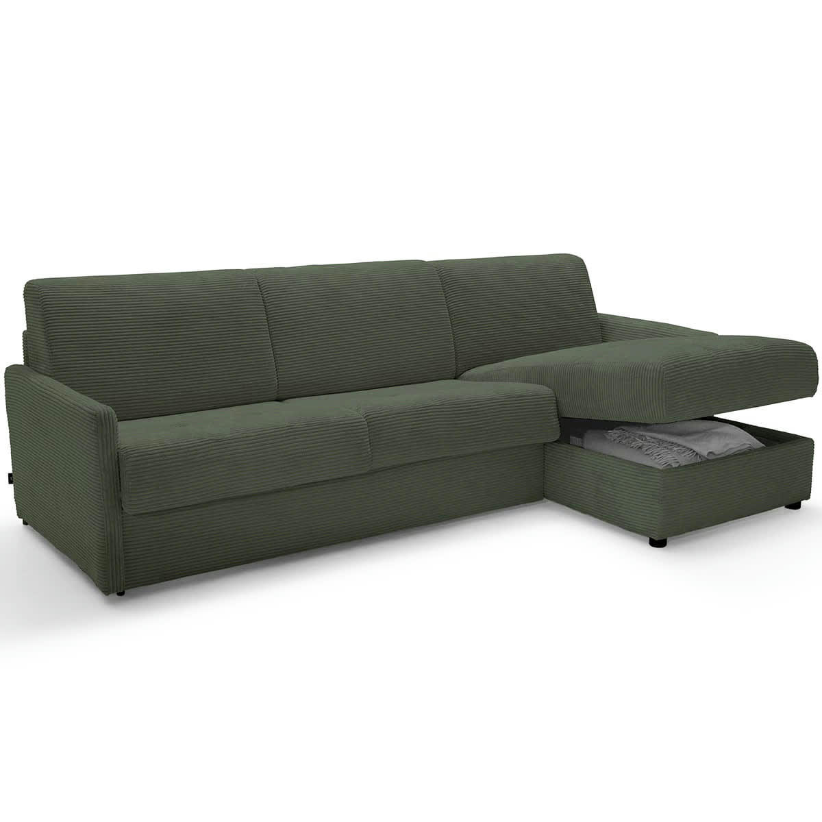 SIENNE - Canapé d'angle réversible convertible 3 places en velours côtelé vert
