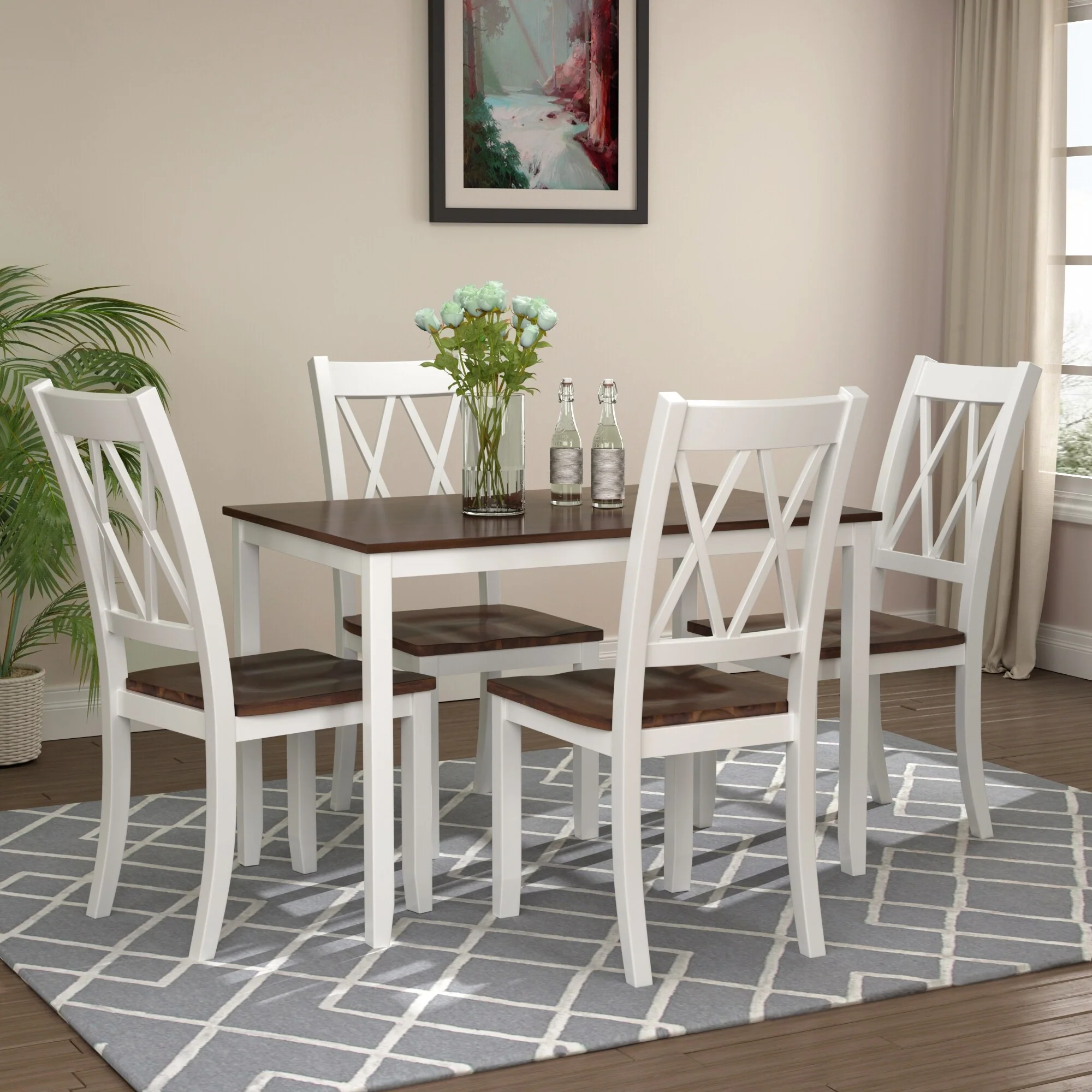 Roomfitters 5-Piece Dining Table Set, Wood Table and Upholstered Chairs
