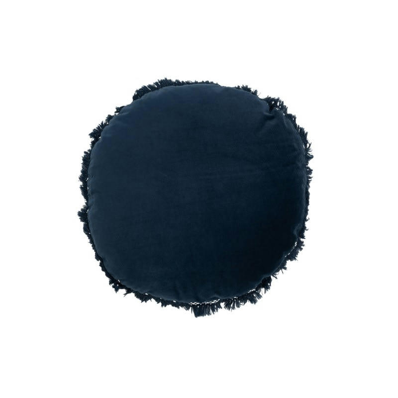 VELOURS - Coussin rond velours coton et lin bleu D50cm