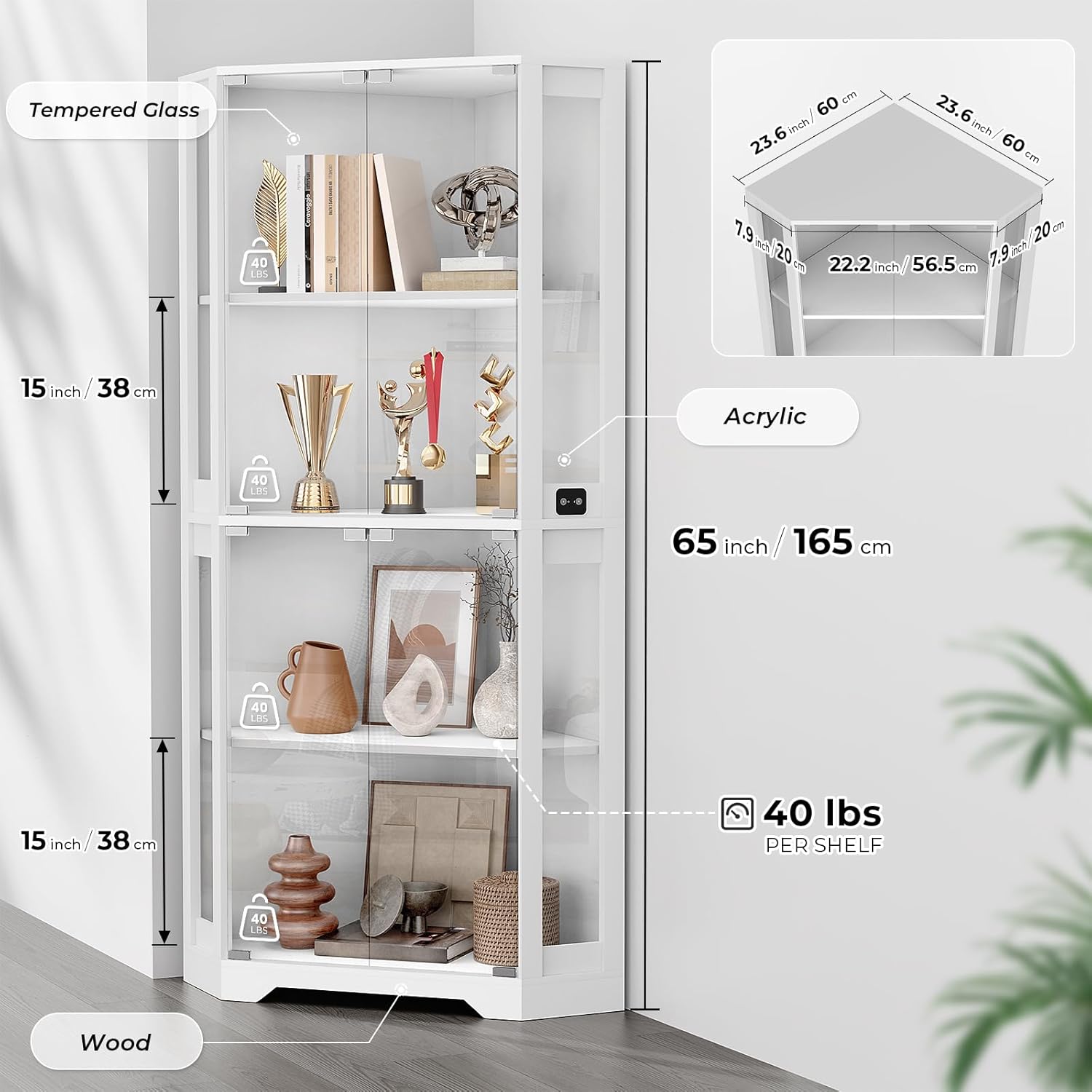 BROTTAR Corner Display Cabinet with Glass Doors, 65 Lighted Curio Display Case with 3 Color Lights for Collectibles, Books, 4-Tier Bookcase with Human Body Sensor, White