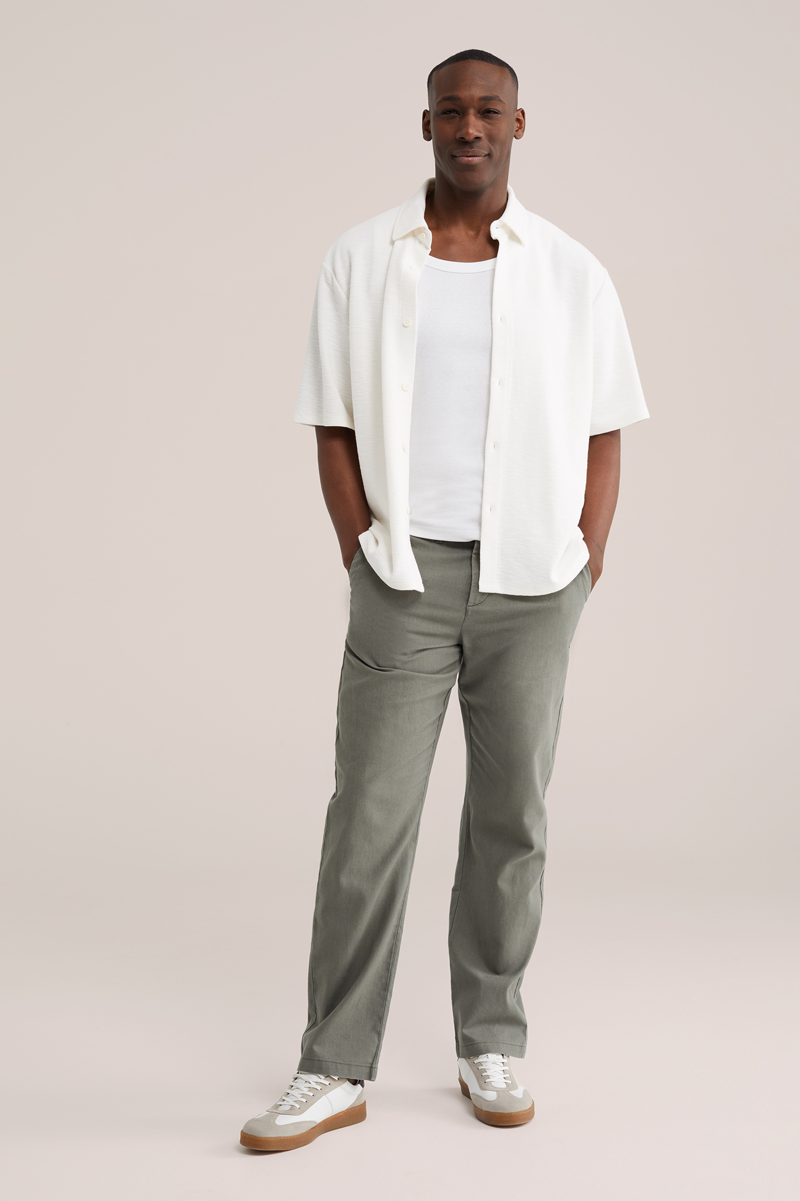 Heren regular fit broek van linnenmix met elastieke tailleband