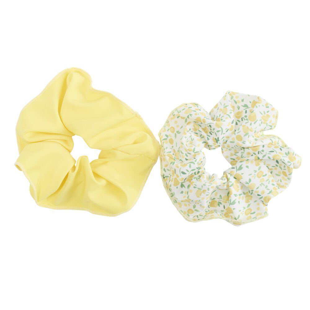 Chouchou cheveux x2 tissu imprimé citron et uni jaune Ø13cm