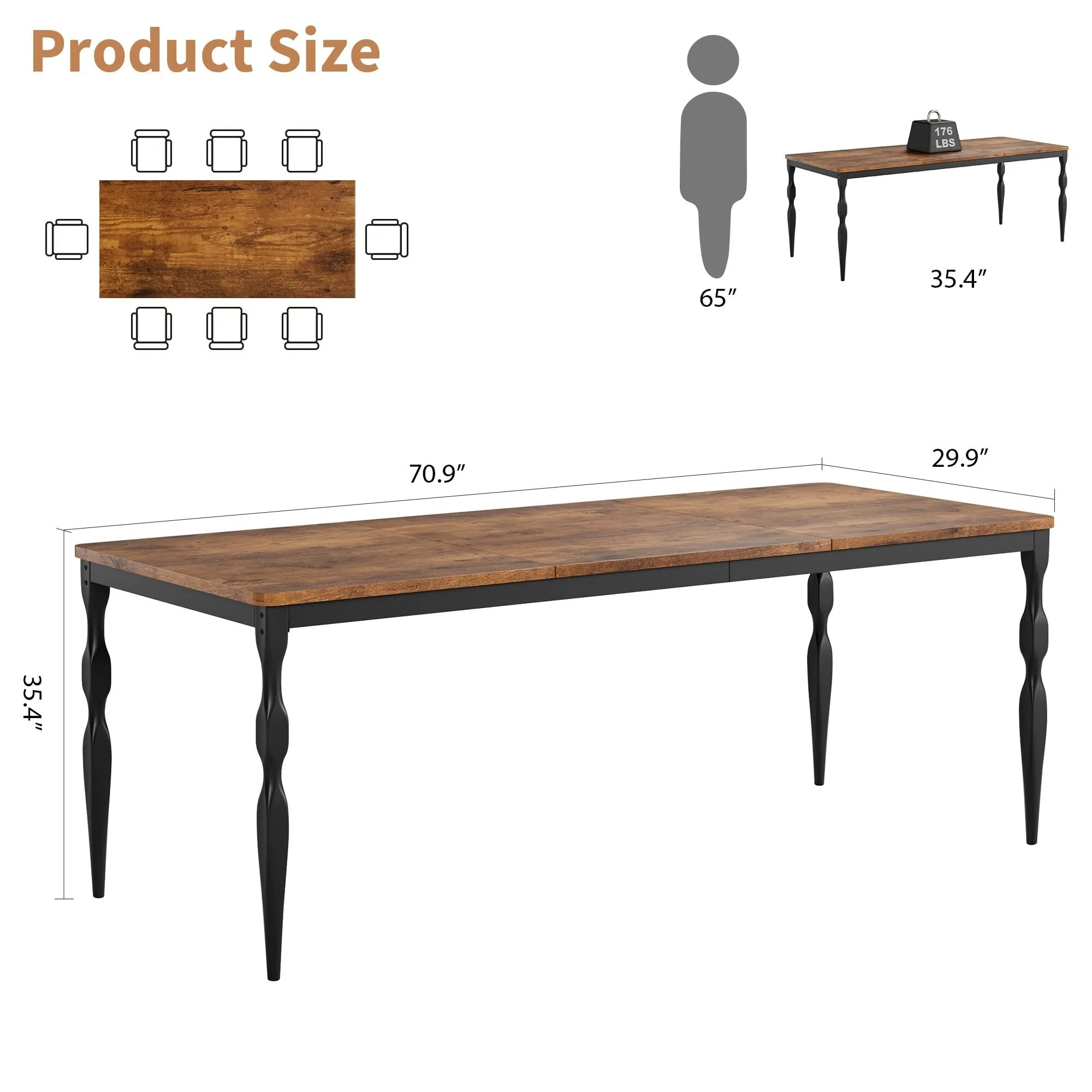 Dining Room Table 6, 70.9'' Mid Century Kitchen Table Furniture with Metal Frame Heavy Duty Legs