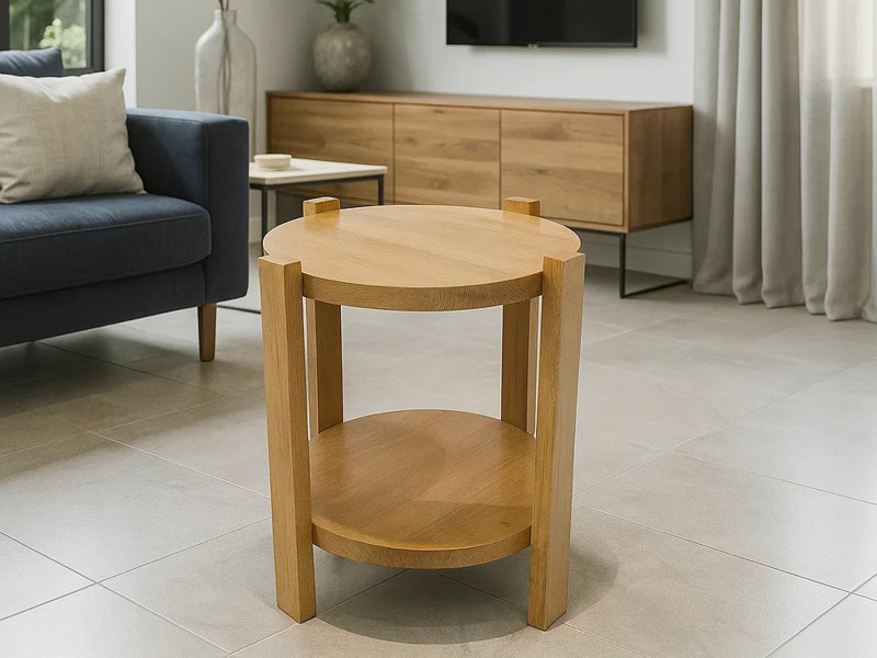 Stolik kawowy Porta okrągły 40 cm z litego drewna z półką, kolor dębowy