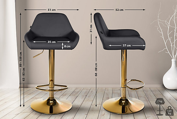 Ensemble de 2 tabourets de bar Braga en simili cuir, structure dorée, réglable en hauteur, pivotant 360, repose-pieds Noir