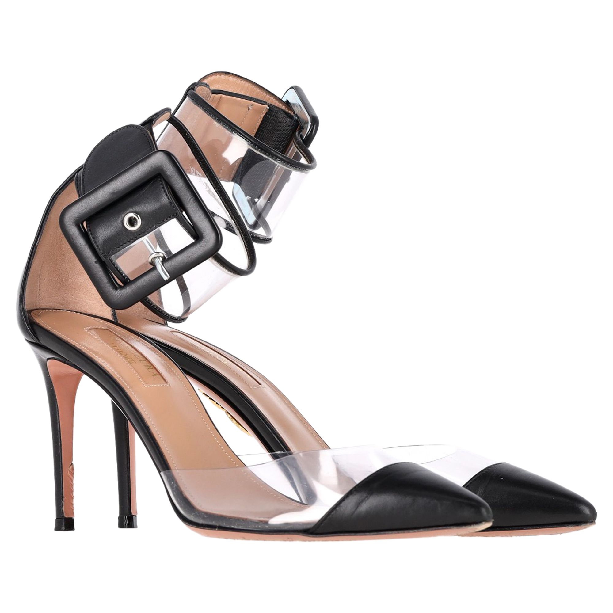 Aquazzura Preloved PVC Ankle Strap Sandals in Black Leather