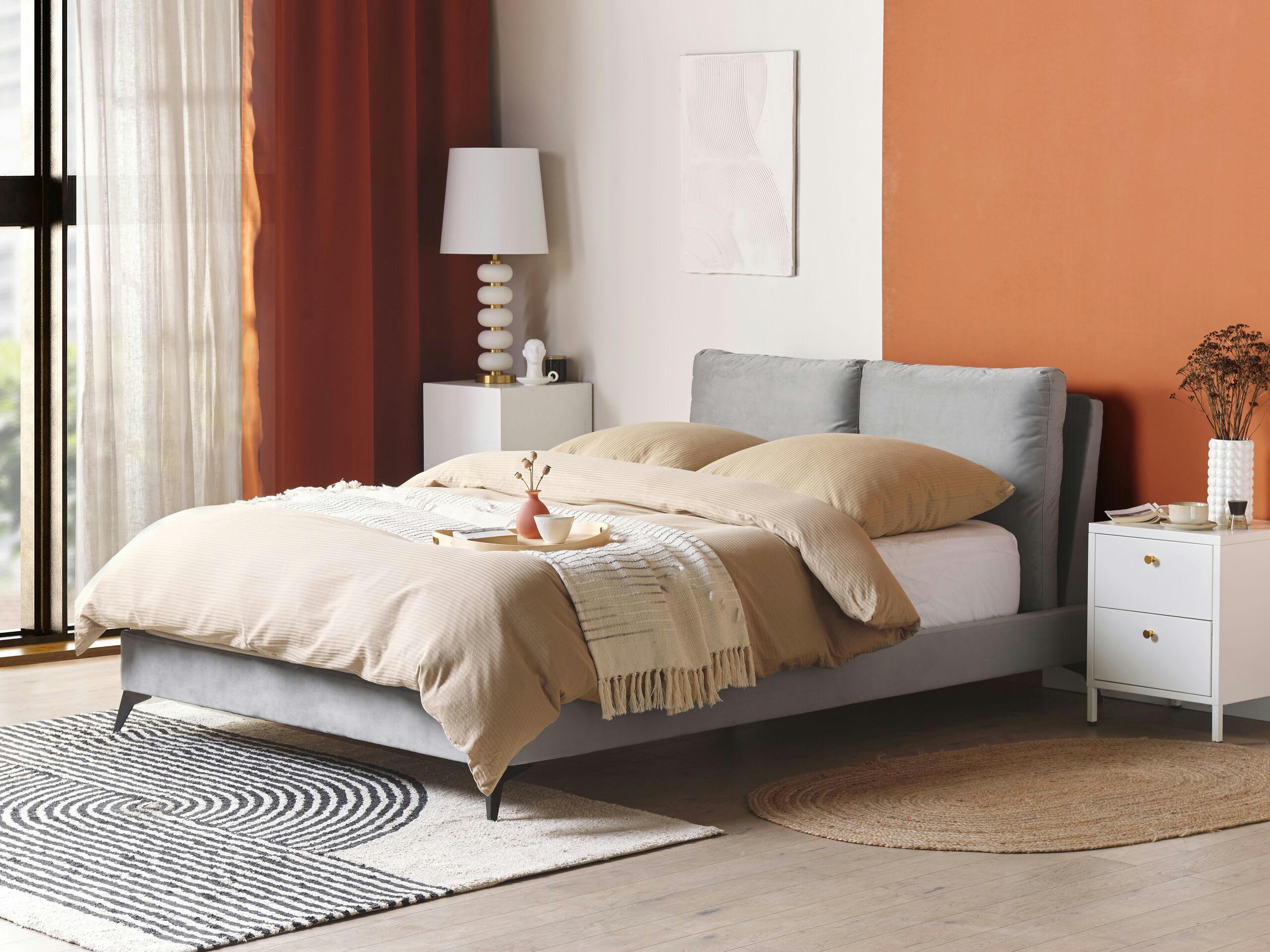MELLE - Lit double en tissu gris 140x200