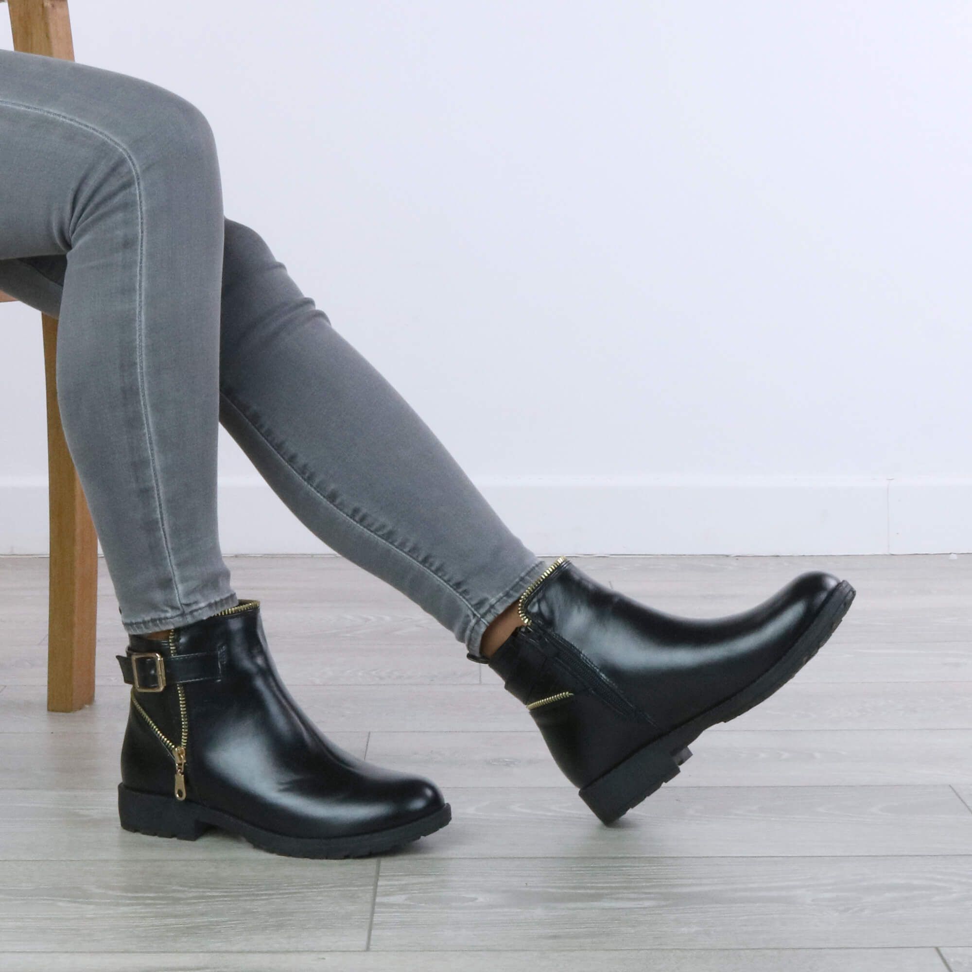 AJVANI Low Heel Gold Zip Ankle Biker Boots