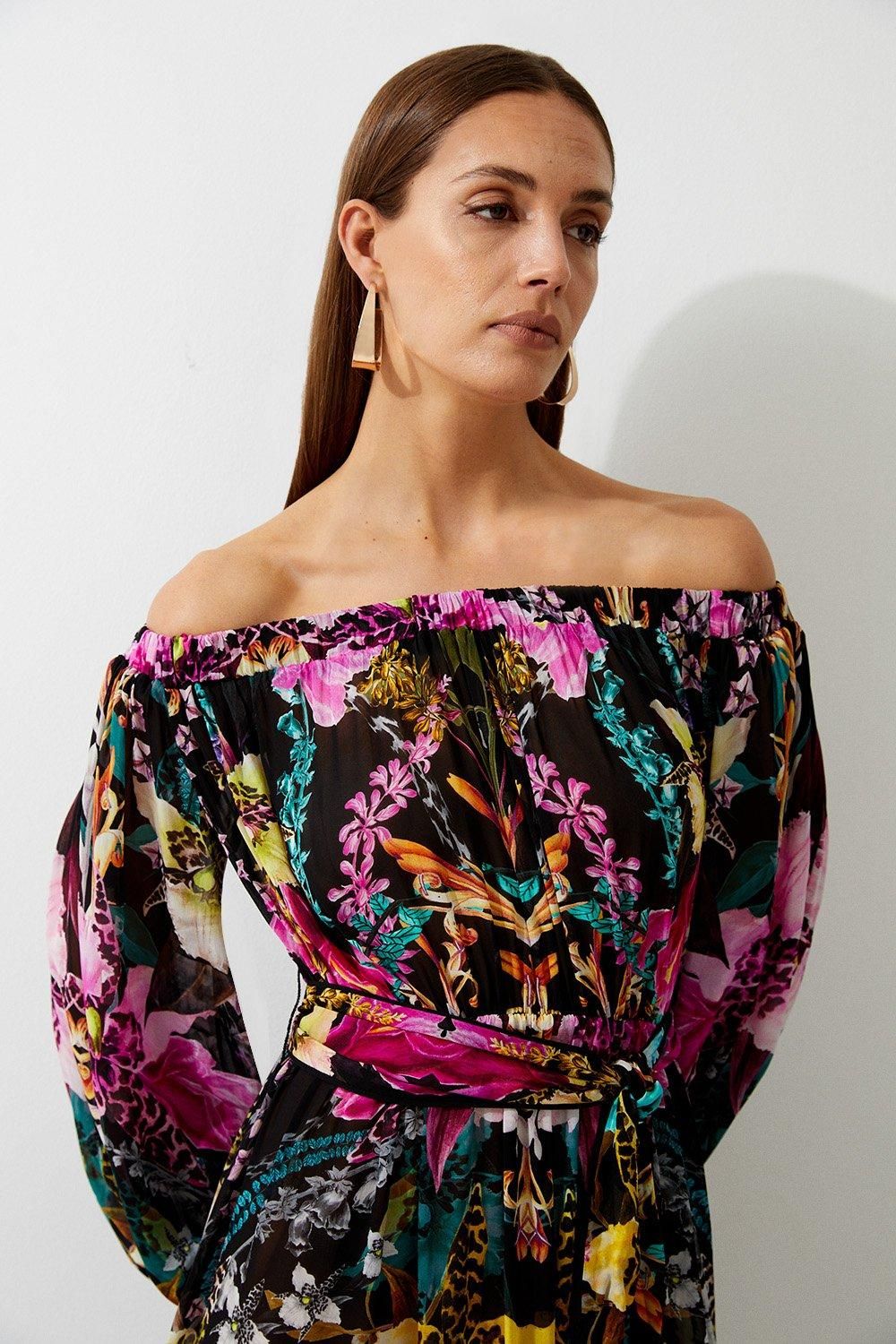 KarenMillen Mirrored Tropical Viscose Georgette Bardot Beach Maxi Dress