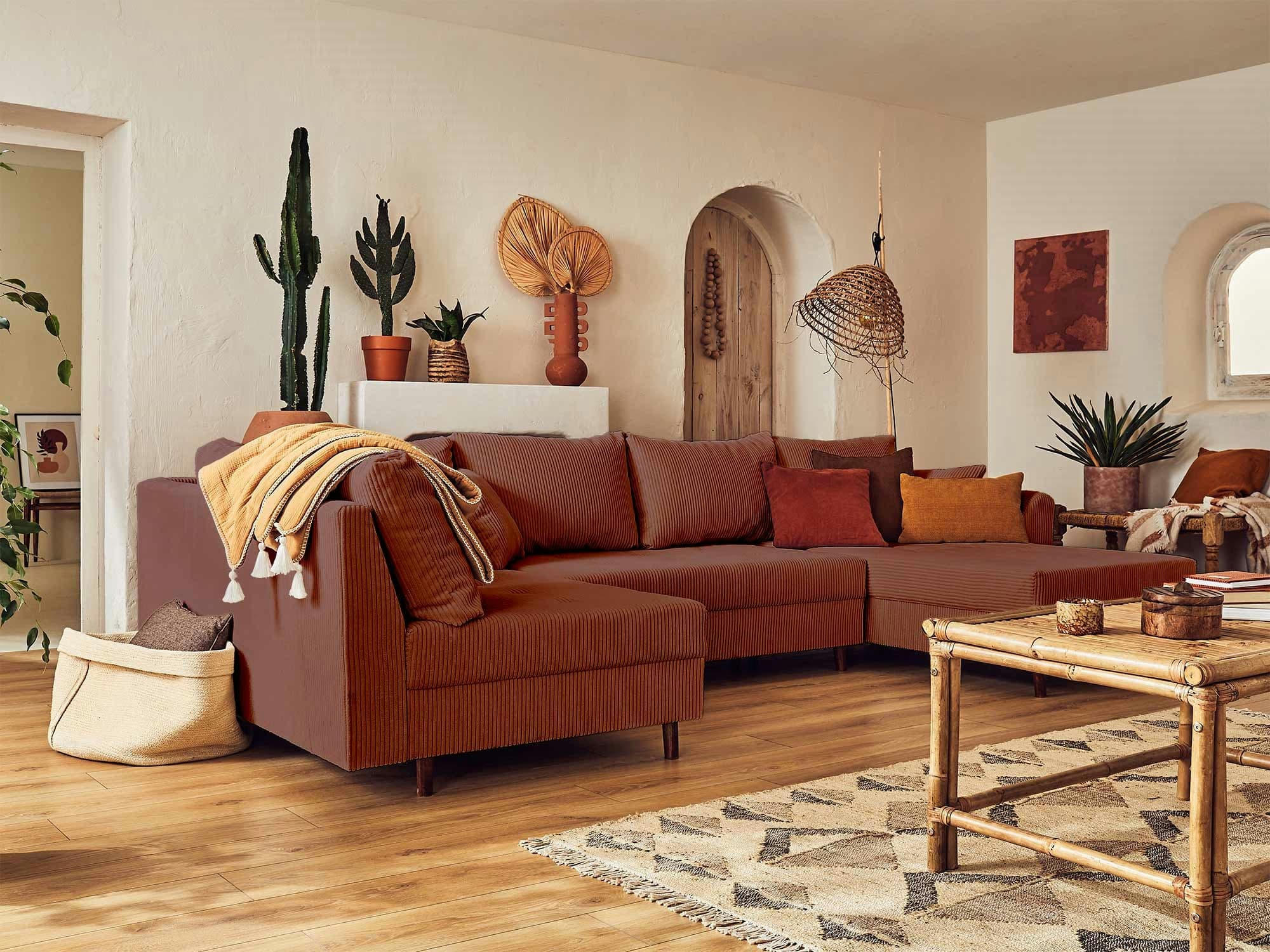 RUNE - Canapé d'angle gauche 7 places en velours côtelé terracotta