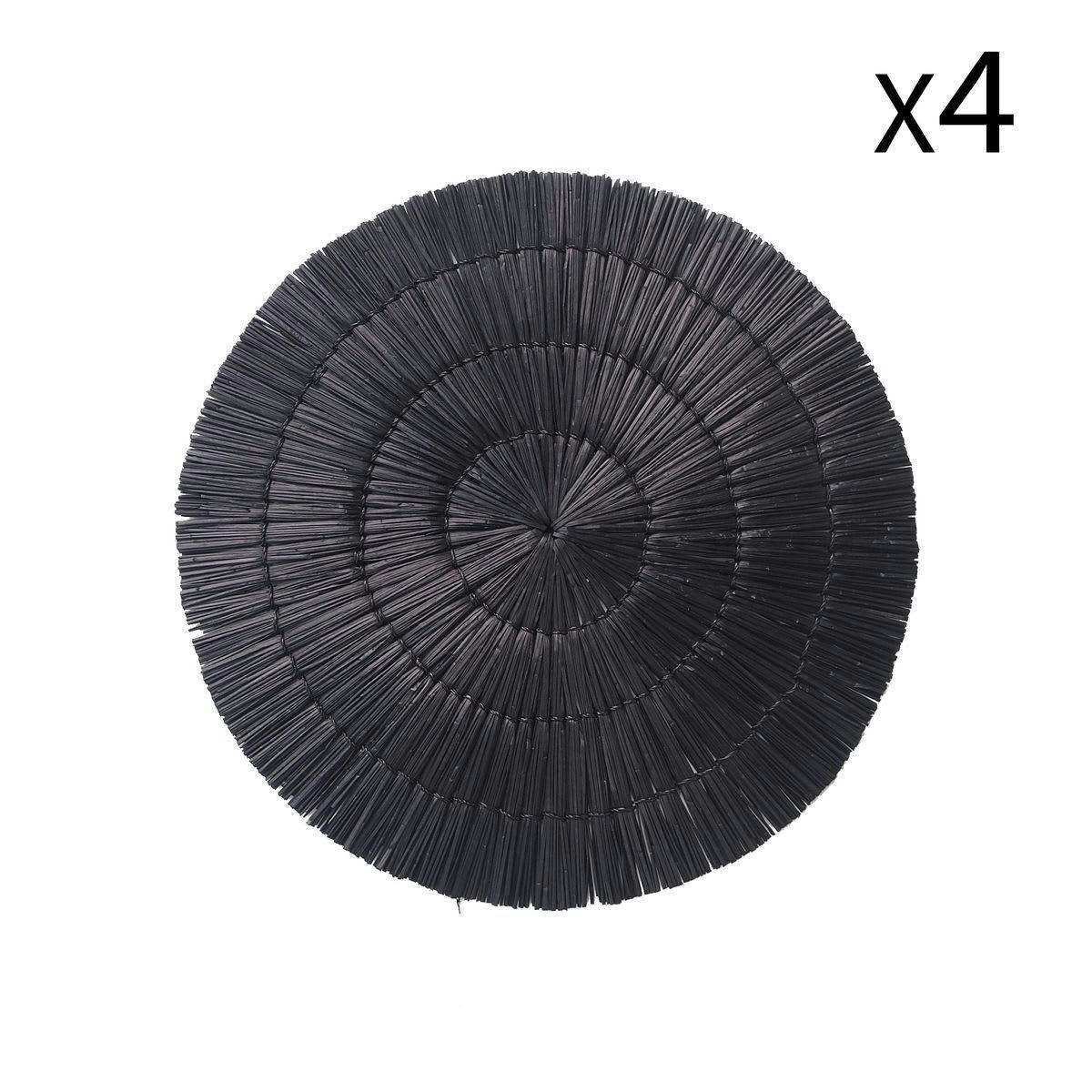 PAROS - Lot de 4 set de table en raphia noir Ø38cm
