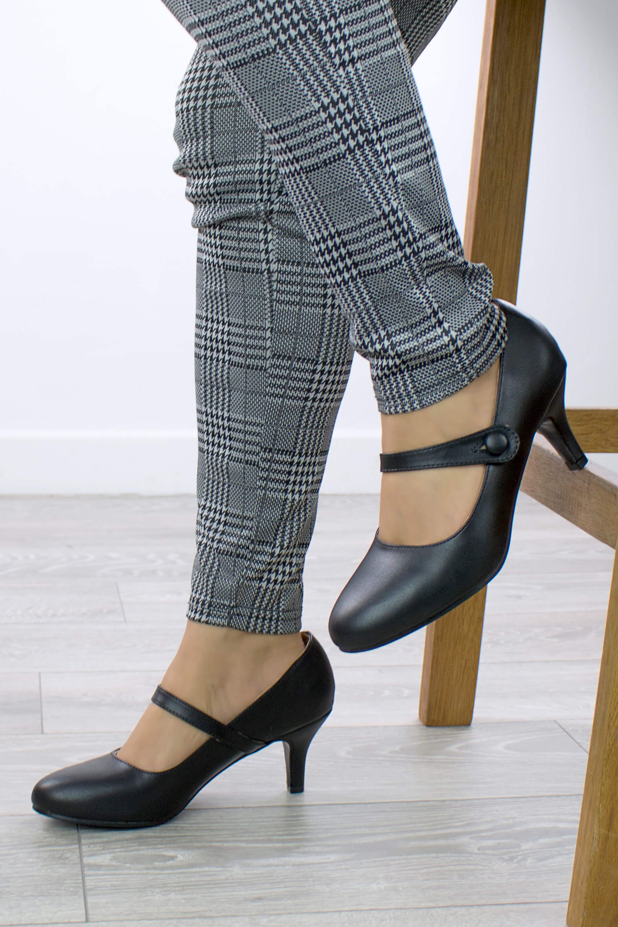 AJVANI Mid Heel Elastic Strap Mary Jane Court Shoes