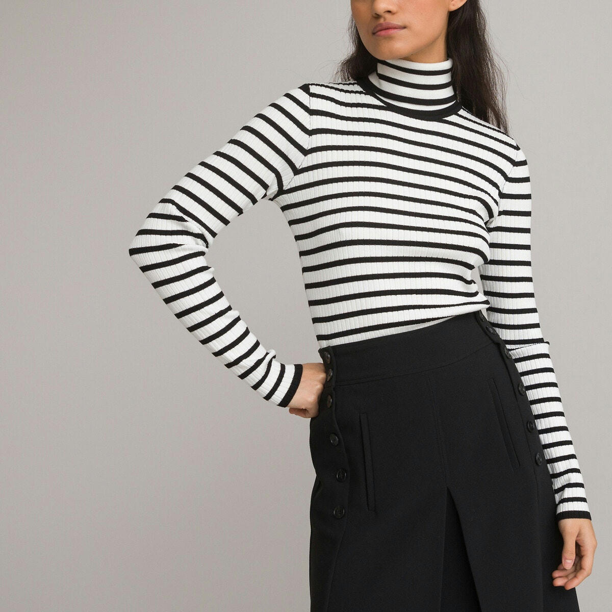 Pull basique col roulé à rayures, mailles à côtes