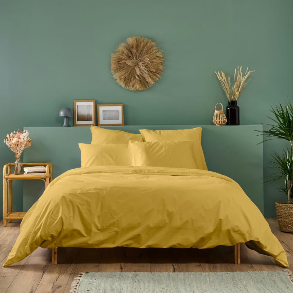 - Parure de lit unie en percale de coton moutarde 140x200cm