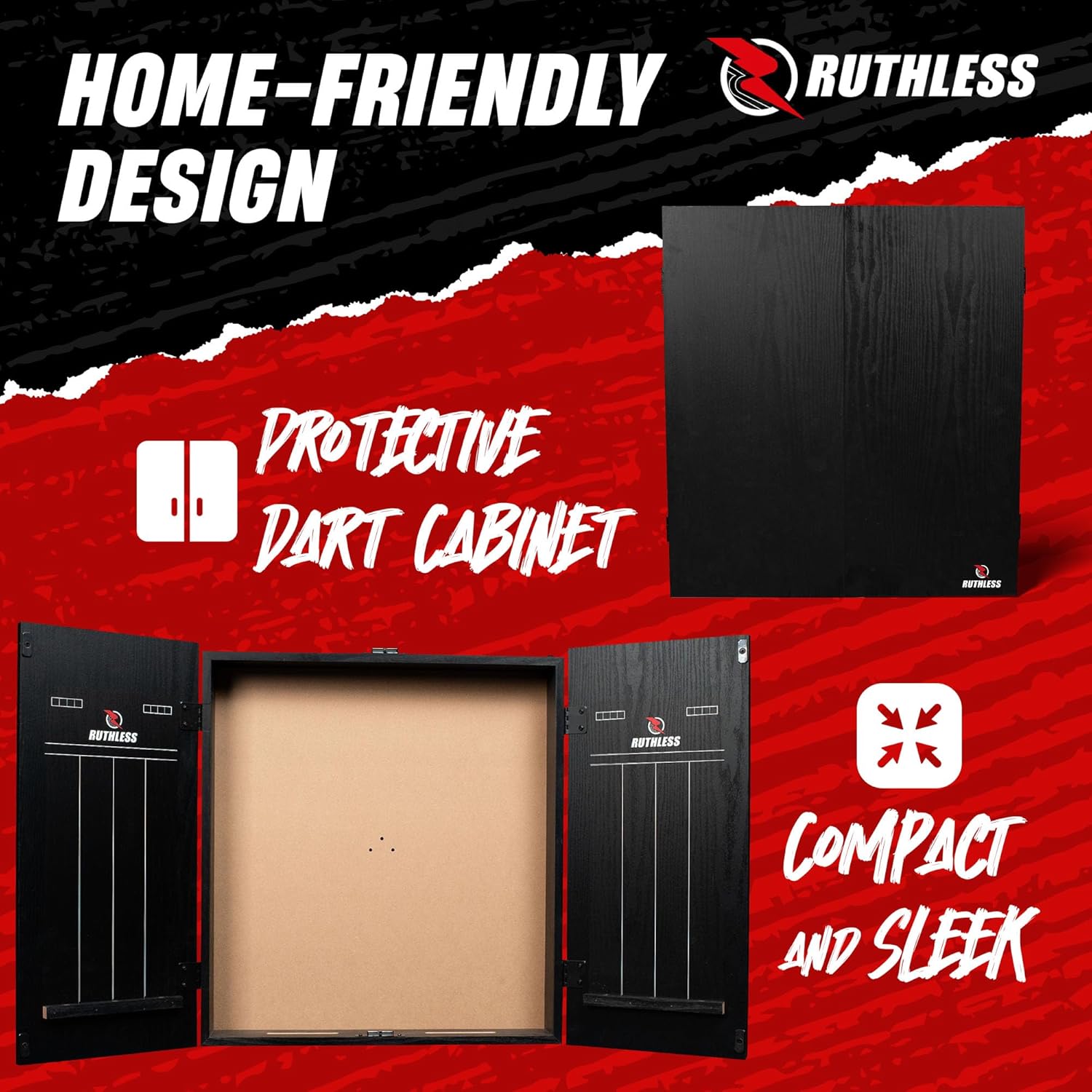 Ruthless Home Darts Centre with or Without LED Light Options | Home Dart Board Centre Including Cabinet, Dartboard and 2 Sets of Darts.